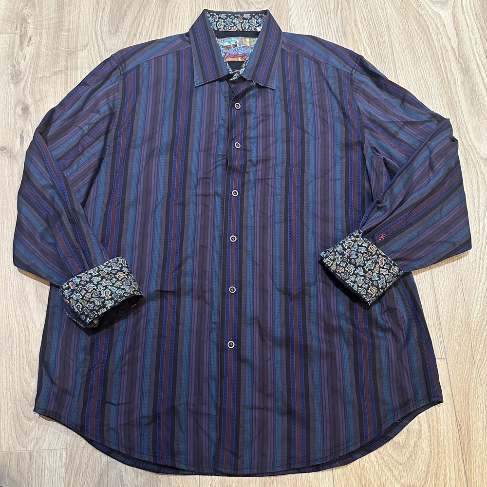 Robert Graham Purple‎ Blue Paisley Flip Cuff Mens Button Front Size XL Stripes